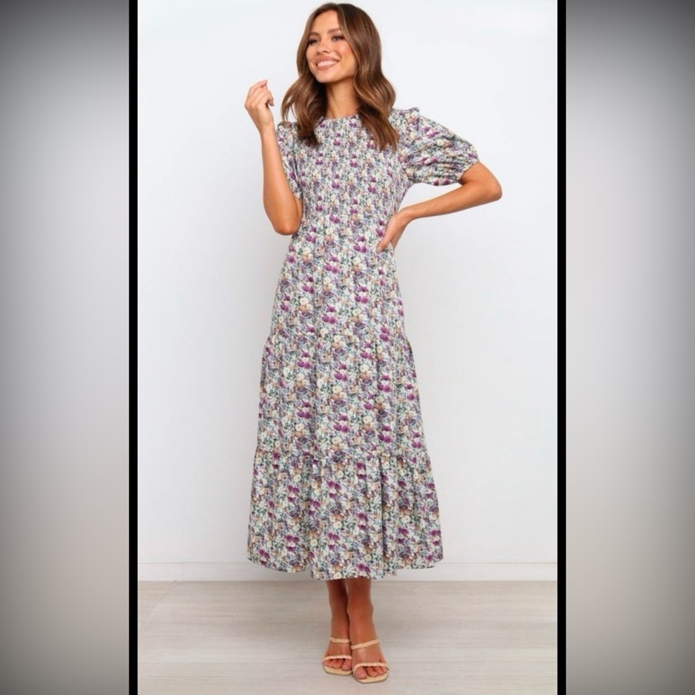 Petal & Pup Pink and Purple Ruched Tiered Midi Sundress